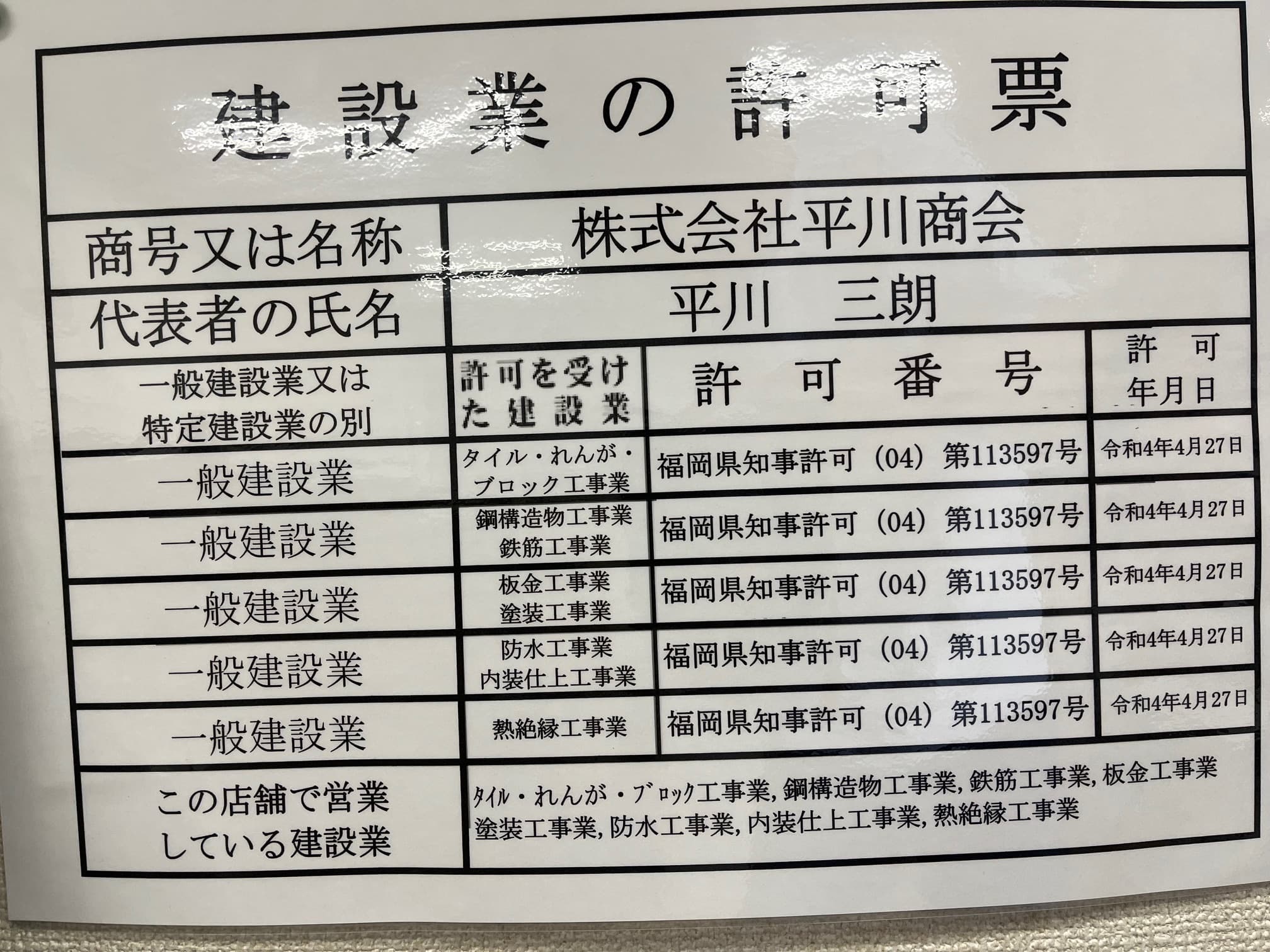 建設業の許可票(令和4年)